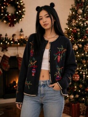 Vintage Tabi Women's Christmas Holiday Cardigan Sweater Embroidered Size M